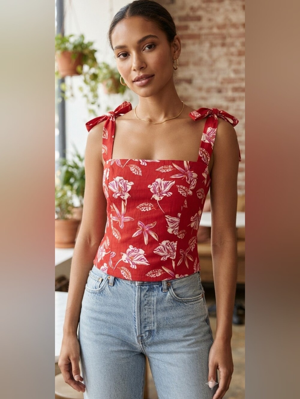 Joie Red Tropical Floral Linen Blend Tie Shoulder Crop Top Size 12 EUC